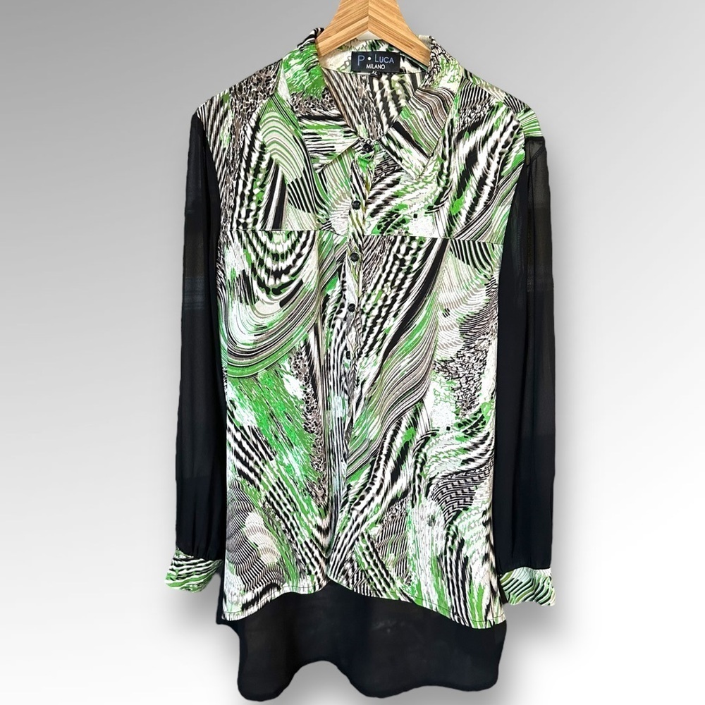 P LUCA MILANO Hi-Lo Blouse Sheer Black Sleeves/Back Abstract Animal Print Sz XL